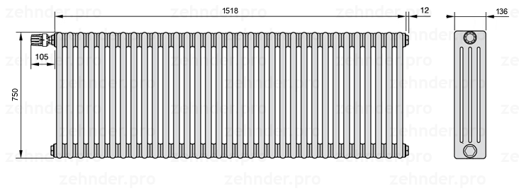Схема (чертеж) Радиатор Zehnder Charleston 4075/33 №V011 Белый глянцевый RAL 9016